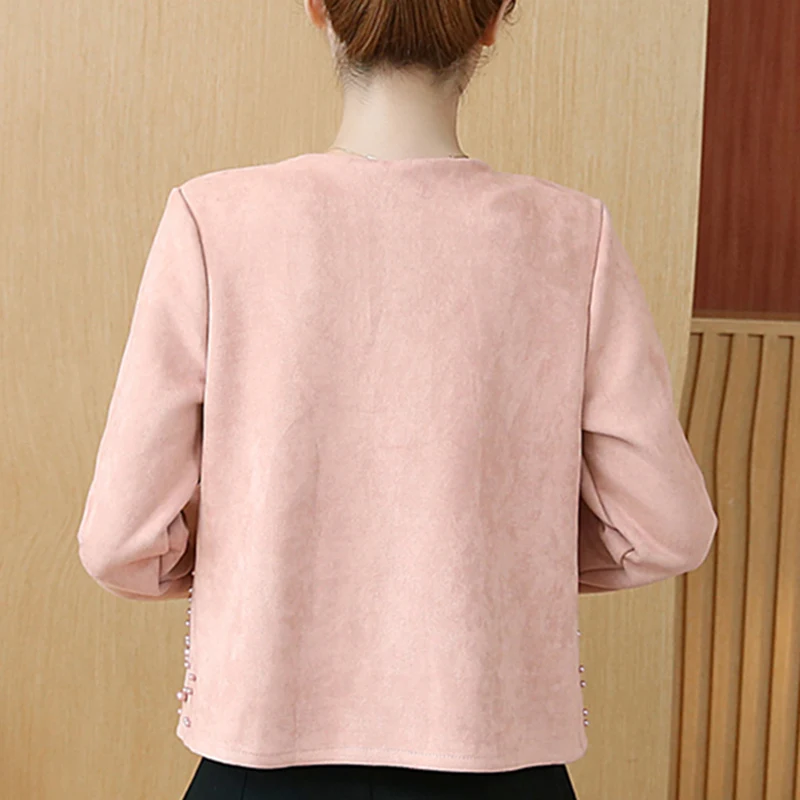 incredible Spring Jacket Women Plus Size 4XL Basic Coat Deer Leather Rivet O-Neck Short Slim Pearls Jackets Op