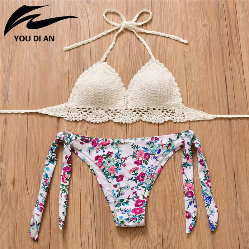 sexy Handmade Crochet Bikini Set Push Up Swimwear Bordered Halter Swimwear Floral Print Beach Bathing Suit thong mujer 2018