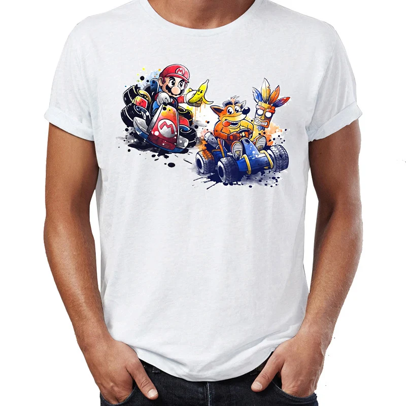 

Men's T Shirt Mario and Crash Bandicoot Cart Racing Awesome Artwork Drawing Printed Tee