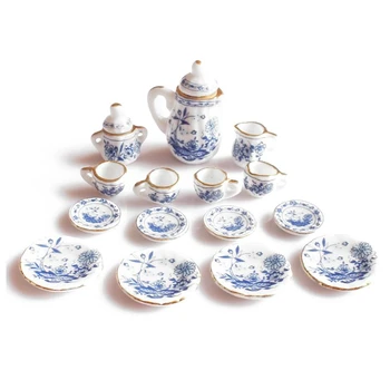 

HOT SALE 1/12th Dining Ware China Ceramic Tea Set Dolls House Miniatures Blue Flower Excellent Workmanship