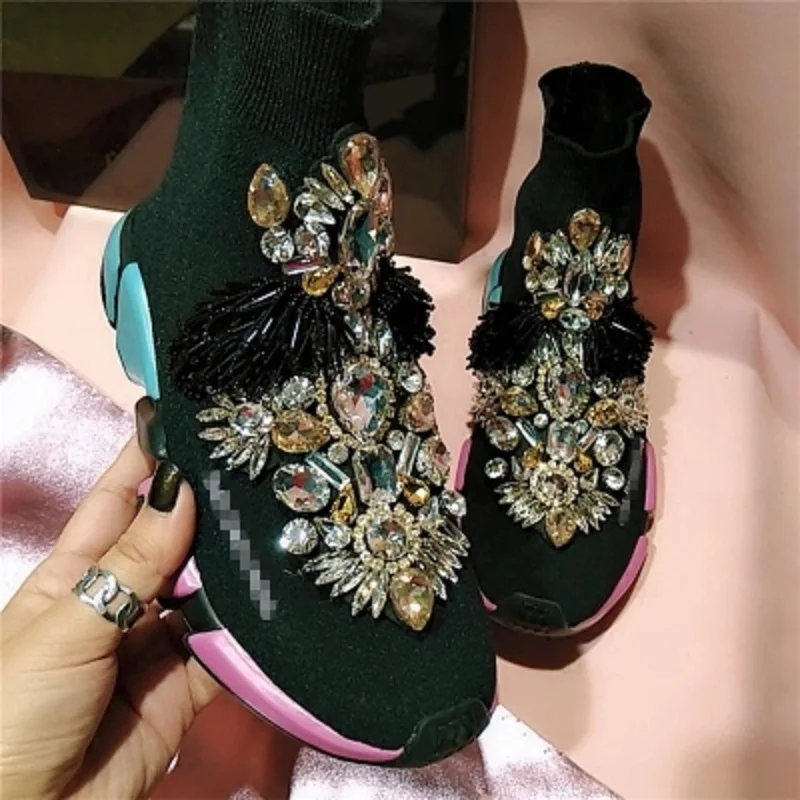 Haute Noir Station Coréenne Strass orange Nouveau bottom Épais Baita Chaussures Gland Aider La rose Tricot Loisirs De Stretch Chaussettes Version Européenne wr1wa