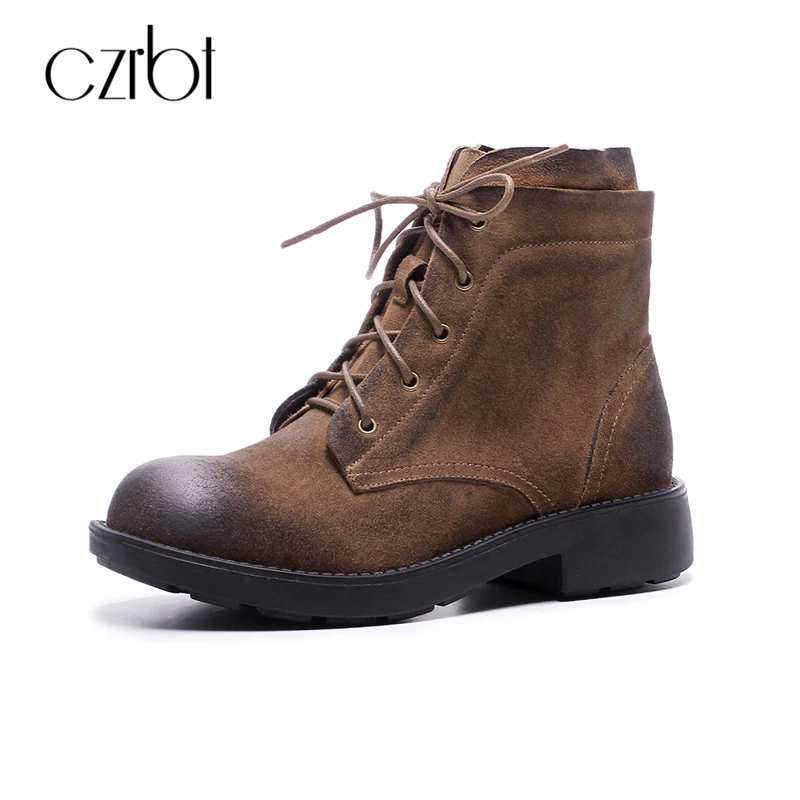 

CZRBT Retro Genuine Leather Women Boots Autumn Winter High Quality Cow Suede Leather Roun Toe Ankle Boots Cross-tied Casual Boot