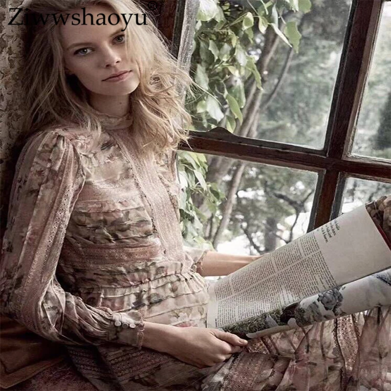 

Ziwwshaoyu Fashion Lace Patchwork Silk dresses Print Stand temperament See Through dress 2019 spring and summer new women