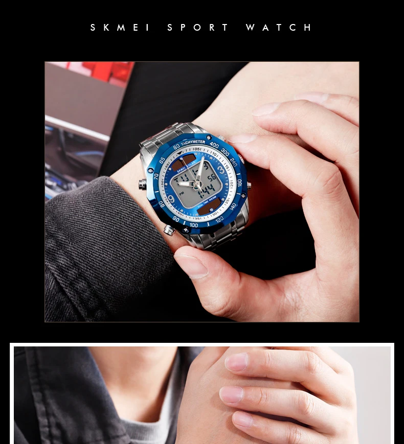 SKMEI, модные роскошные Брендовые мужские часы, 3 бар, водонепроницаемые, ремешок из нержавеющей стали, двойной дисплей, кварцевые мужские часы, relogio masculino 1493