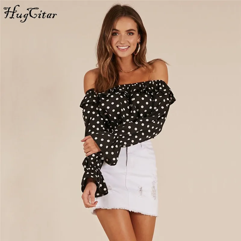 Hugcitar long sleeve slash neck ruffles dots sweet crop tops 2018 summer autumn women new fashion sexy T-shirts Hugcitar long sleeve slash neck ruffles dots sweet crop tops 2018 summer autumn women new fashion sexy T-shirts