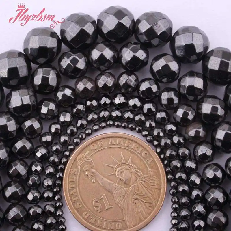 

2,4,6,8,10mm Natural Black Round Faceted Magnetite Hematite Beads Stone Strand 15" For DIY Necklace Jewelry Making,Free Shipping