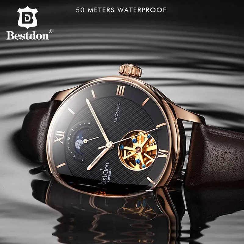 Bestdon механические мужские часы с кожаным скелетом Автоматические наручные
