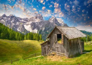 

blue sky white clouds Mountain peaks old vintage cottage grass backdrops Vinyl cloth Computer print wall Background