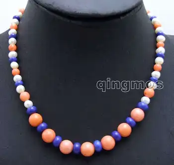 

SALE 6-7mm White Natural Pearl and 6-10mm Pink Coral & Blue Rondelle lapis 17" necklace-nec6038 Wholesale/retail Free shipping