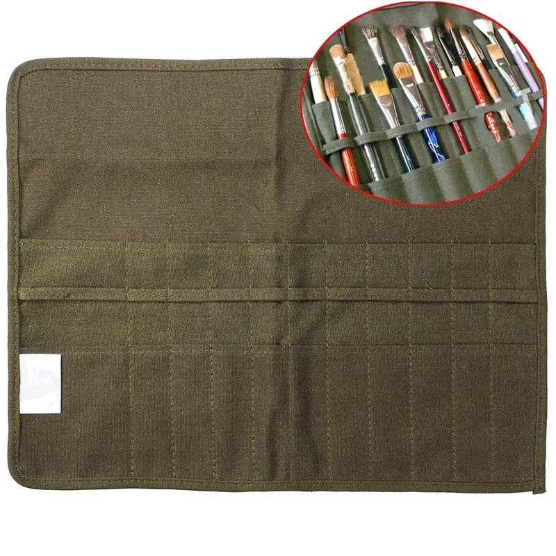 Modern Roll Up Canvas Paint Brush Bag Cases For Artist Draw Pen Watercolor Oil Brush Army Green