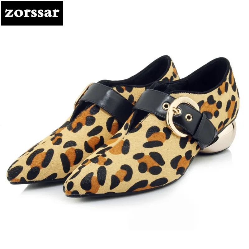 

{Zorssar} 2018 NEW fashion buckle horsehair ladies shoes heels Sexy leopard woman High heels pumps womens Pointed toe shoes