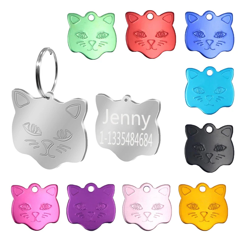 

Cute Kitten Face Pet Cat ID Tag Personalized Customized Engrave Tags Pets Name Phone No. Nameplate ID Tag For Puppy
