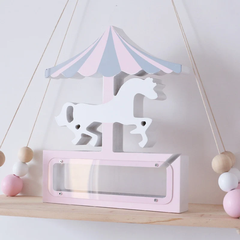 

Nordic Style Ins Wood carousel horse Piggy Bank Go Round Toy Decoration Transparent Unicorn Money Boxes Saving Kids Home Decor