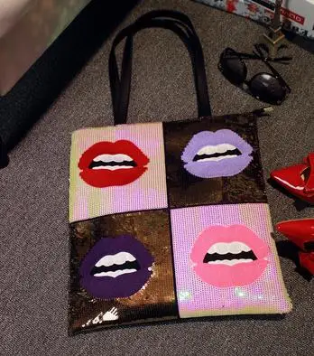 Новая мода мультфильм цветные блестки вышивка сексуальные губы Pu сумочка повседневная женская сумка через плечо сумка-шоппер женская сумка Bolsa - Цвет: gold
