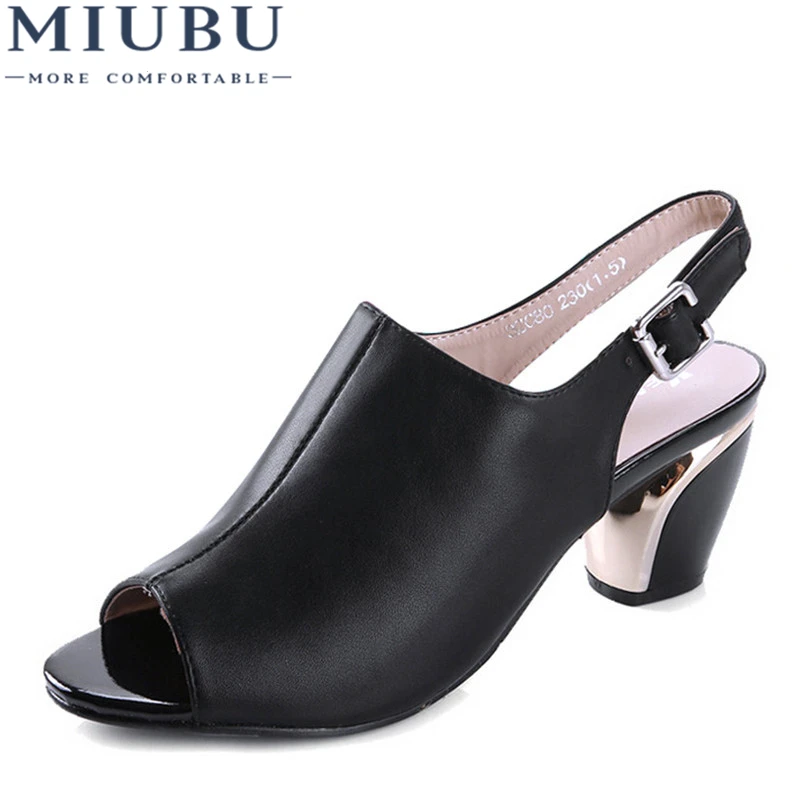 

MIUBU Women Summer Sandals Peep-toe Solid PU Leather Med High Heels Shoes Buckle Square Heel Pumps Spring Size Plus 35-40