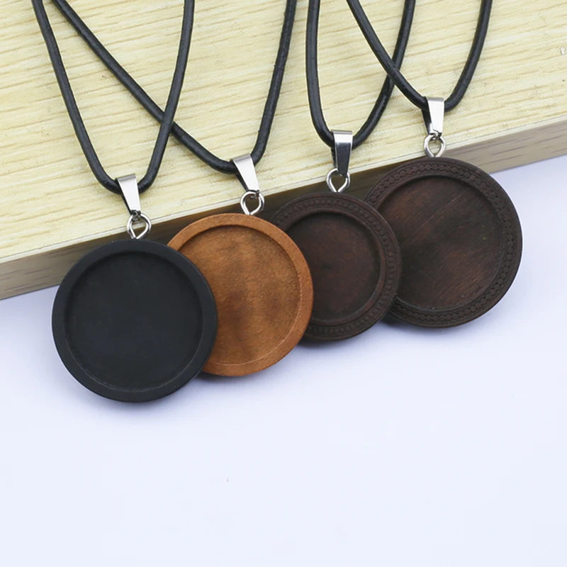 

5pcs Blank Wood Pendant Base Tray Necklace 25mm 30mm dia Round Cabochon Settings With Black Leather Cord Necklace Diy Jewelry