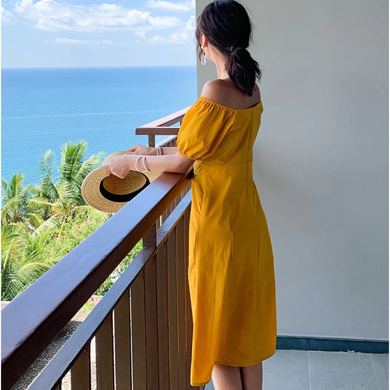 Summer Women Yellow Button Sundress Female Tropical Midi Ginger Sea Beach Dress Elegant Vacation Vintage Korean Runway Dress New