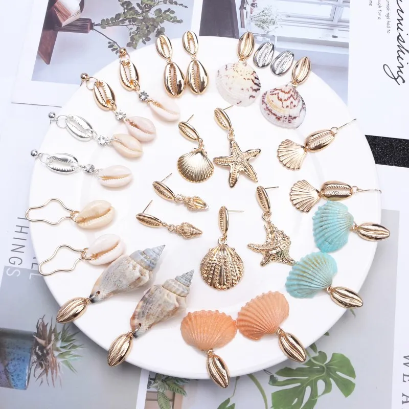 

EK646 Bohemian Sea Shell Drop Earrings For Women Metal Starfish Conch Shell Cowrie Statement Earrings 2019 Summer Beach Jewelry