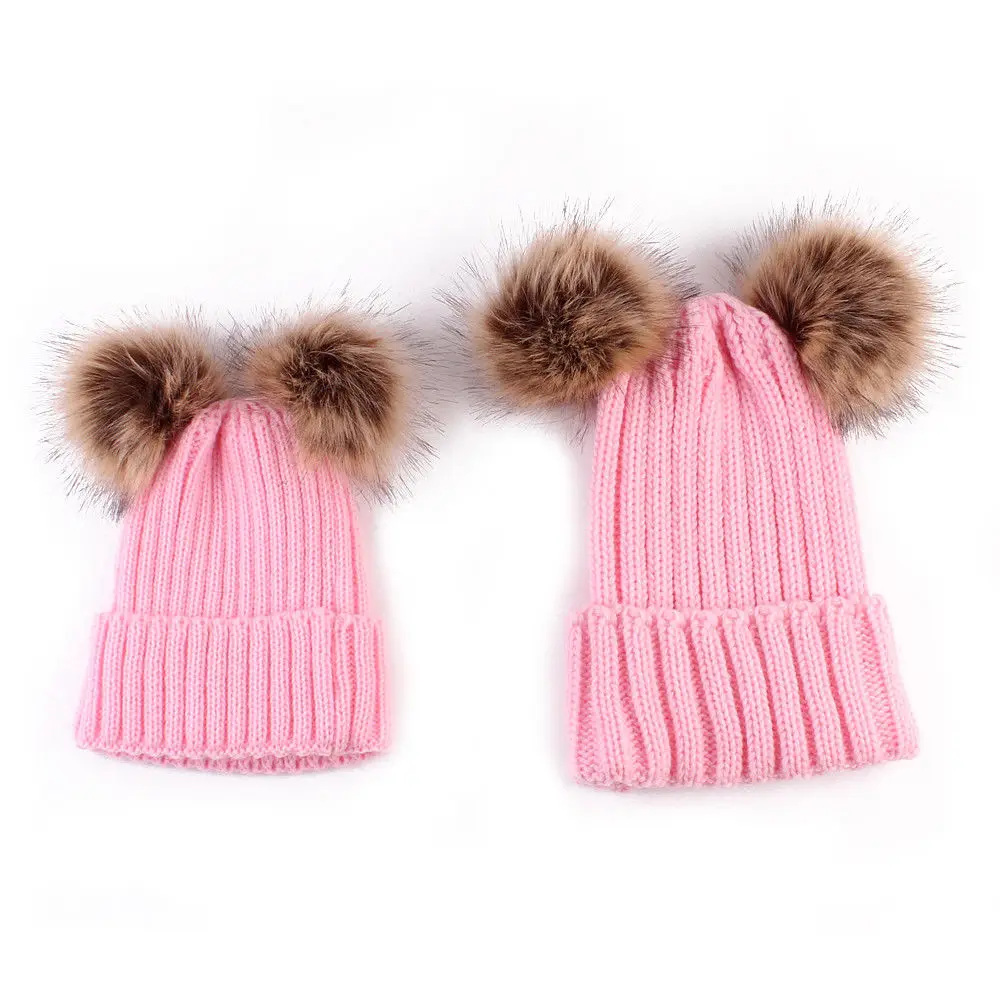 Зимняя теплая шапка из меха енота для мамы и ребенка, хлопковая вязаная шапка для родителей и ребенка, Рождественская шапка - Color: Pink