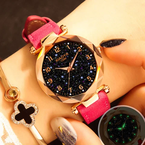Модные женские часы, часы звездного неба, роскошные часы с красным и черным кожаным ремешком, женские наручные часы, водонепроницаемые кварцевые часы, скидка - Цвет: Розовый