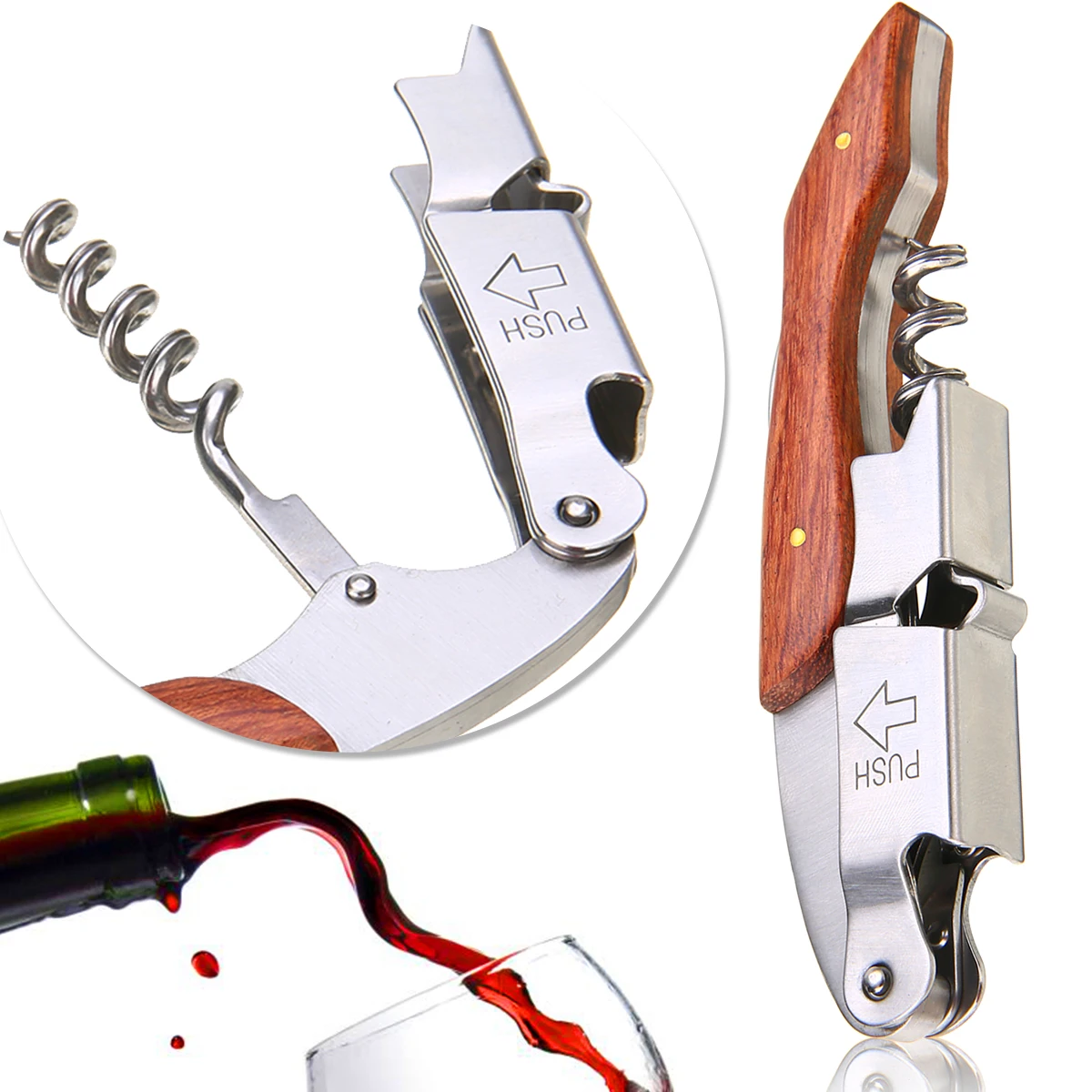1pc Professional Wine Opener Portable Multifunction Screw Corkscrew Bottle Openers with Wood Handle Bar Kitchen Gadget