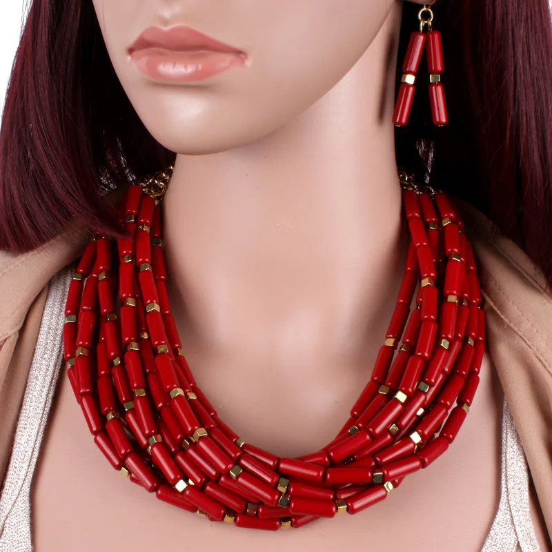 Красные бусины в виде риса ювелирные изделия stes многослойное ожерелье и серьги набор женщин набор украшений de joyas