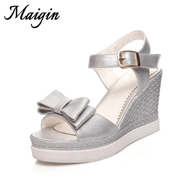 Maigin Big Size 34-43 Platform Sandals 2018 New Summer Peep Toe Wedge Sandals Butterfly-knot High Heels Ladies Shoes Footwear