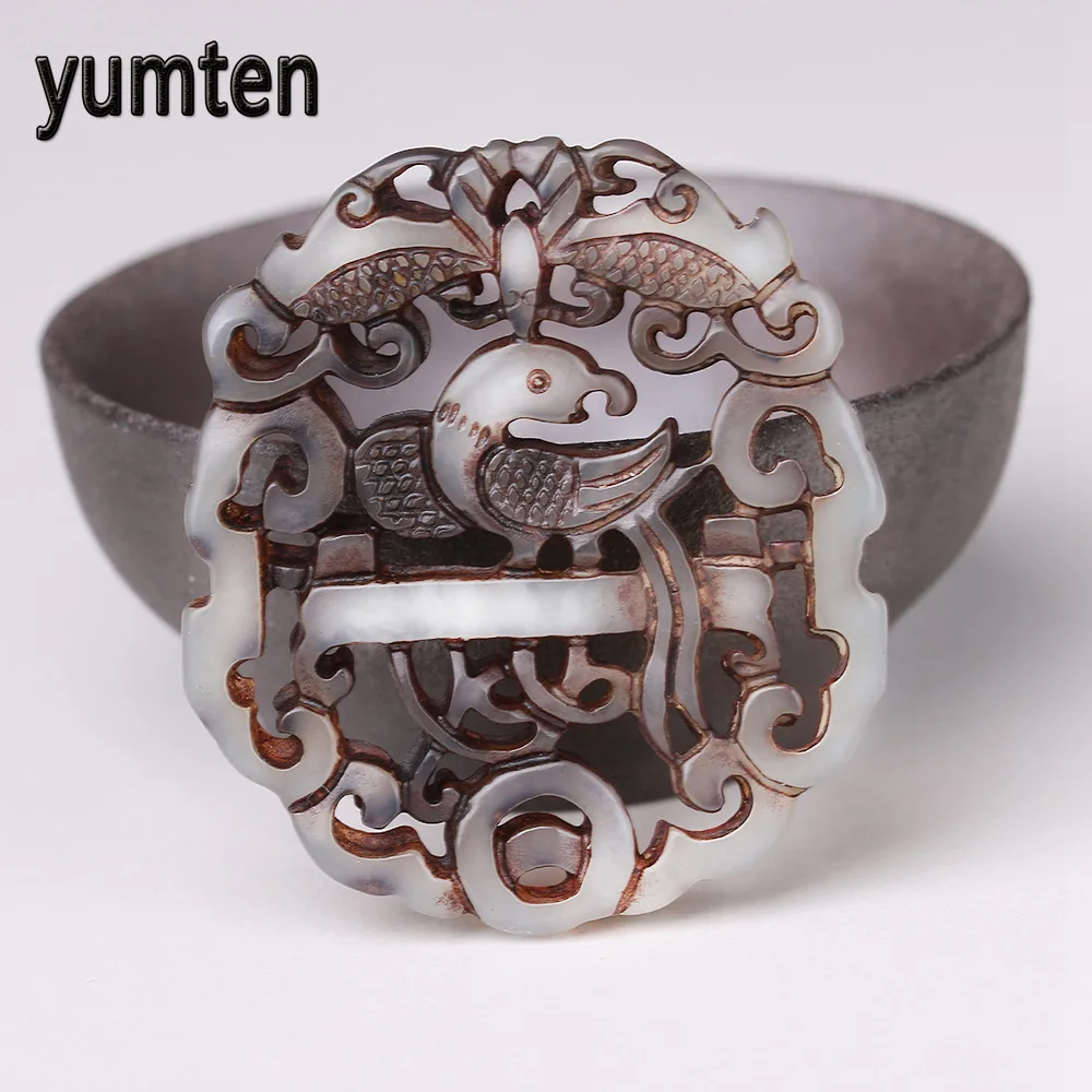 

Yumten Jade Pendant Eagle Chinese Style Necklace Hand Hollow Carved Round Retro Process Chain Reiki Healing Mermaid Linkin Park