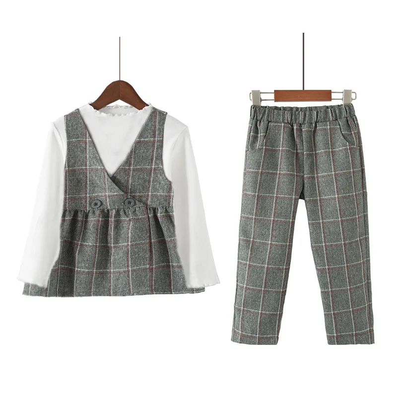 

Children's Plaid Suits Clothes 2019 Autumn Girls 3-piece Set Plaid Tank Top+pants Kids Solid Full Shirt Children Plaid Pants