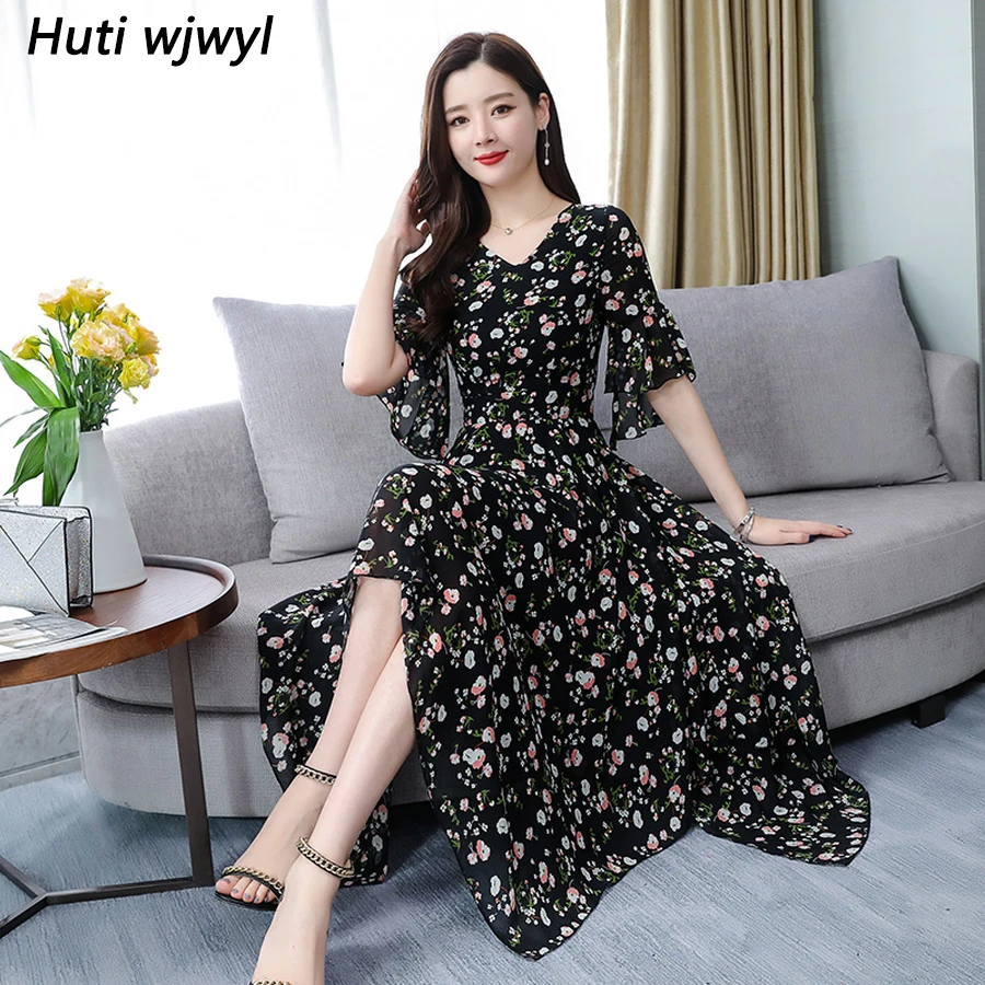 

Summer Floral Chiffon Boho Midi Sundress 2019 Vintage 3XL Plus Size Black Print Beach Dress Women Bodycon Elegant Party Vestidos