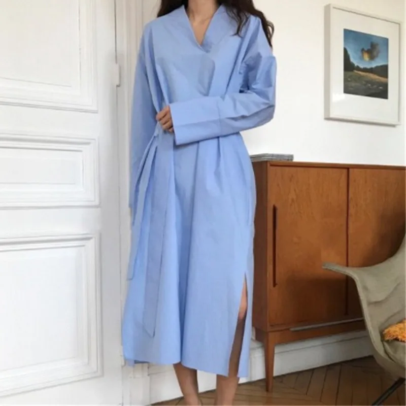

[EWQ] 2019 Spring Summer New Pattern V-collar Long Sleeve Solid Patchwork Pullvoers Casaul Loose Long Dress Women AG40505