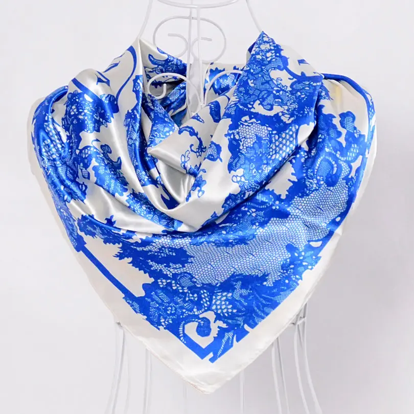 white blue lace Элегантный женский большой квадратный шелковый шарф с принтом, 90*90 см, модный весенний и осенний серый и фиолетовый Шелковый шарф из полиэстера, шаль - Цвет: white blue lace