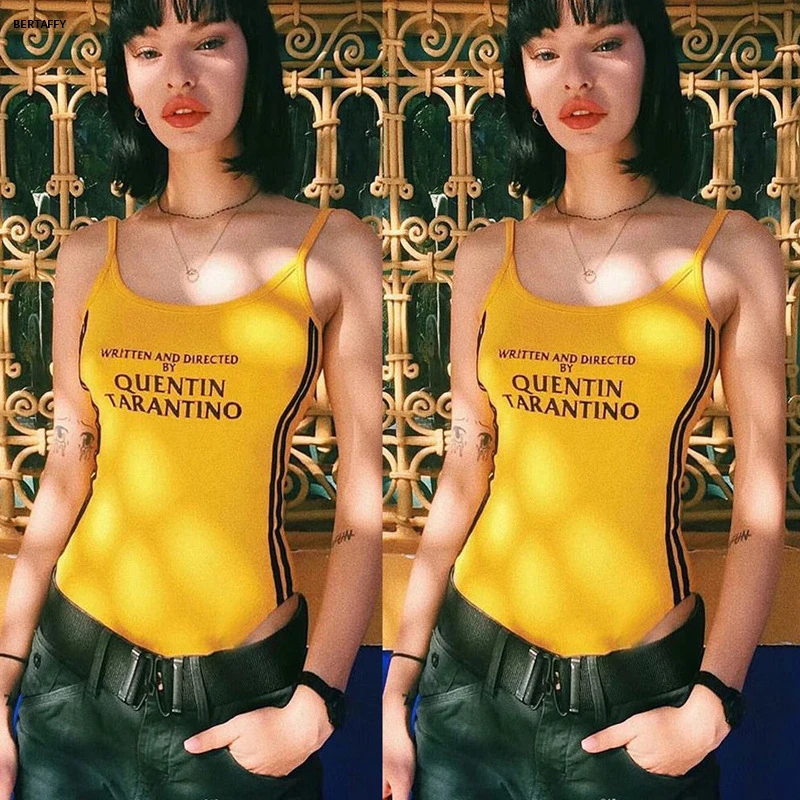Квентин Тарантино комбинезоны короткая футболка Желтые чарующие боди Топы Tumblr женские Grunge полоса длинный рукав хлопок Femme комбинезоны