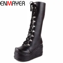 ENMAYER ShoesNew Motorrad Stiefel Gothic Punk Cosplay Schuhe Stiefel Kniehohe Ferse Plattform Sexy Zip Winter Keile Kniehohe Stiefel