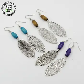 

Alloy Leaf Dangle Earrings, with Wood Beads and Brass Earring Hooks, Mixed Color, 70mm