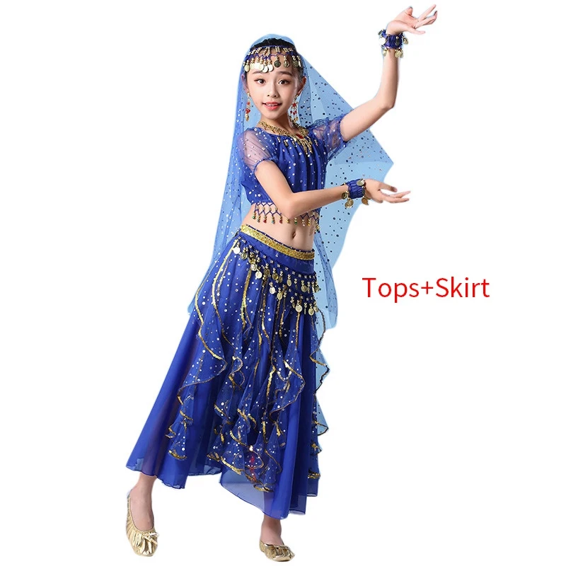 Костюм для танца живота для детей, танцевальный костюм для танца живота, индийский комплект для танца Болливуда, 6 цветов, одежда для танца живота для девочек - Цвет: Sapphire Blue  2pc