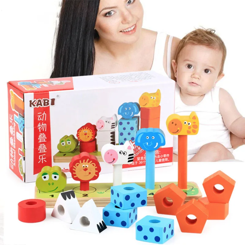 

Children Cartoon Animal Stacking Blocks Digital Shape Cognition Early learning Educational wooden toys for kids Stack height toy