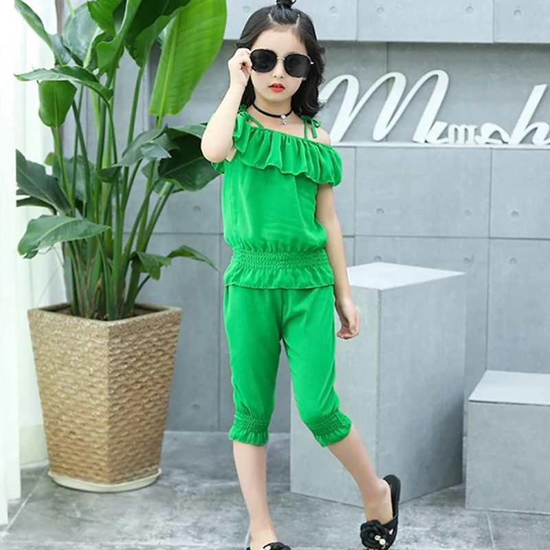 

2 Pcs New Summer Casual Children Sets Short Pure Color T Shirts Kids Girls Set Flower Sleeve Clothing Popular For Girls Suits