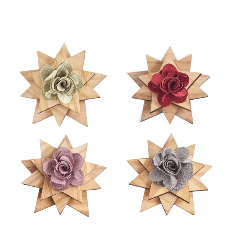 

Men Women Vintage Wood Star Lapel Pin Brooch Luxury Groom Wedding Party Shirt Wooden Flower Boutonniere Brooches Fabric Corsage