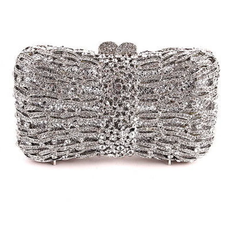 ФОТО 8320S silver Crystal BOW Lady Fashion Bridal Party hollow Metal Evening purse handbag box clutch bag case