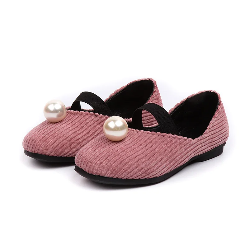 Mumoresip Girls Princess Shoes Flock Fabric With Pearl Soft Kids Flats Elastic Band Black Pink Beige Sweet 4-10 yr | Детская одежда и