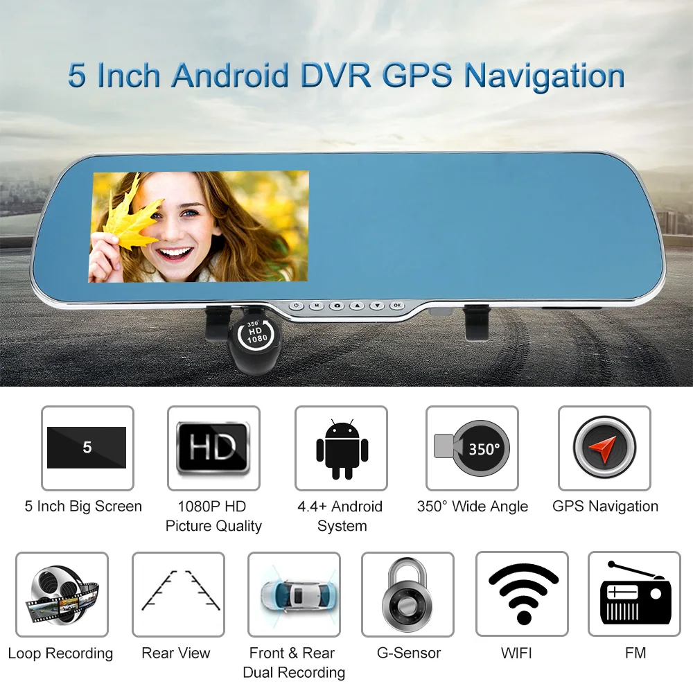 Cemicen 5,0 дюймов Android 4,4 gps ips экран FHD 1080P Автомобильный видеорегистратор зеркало заднего вида видео рекордер двойная камера