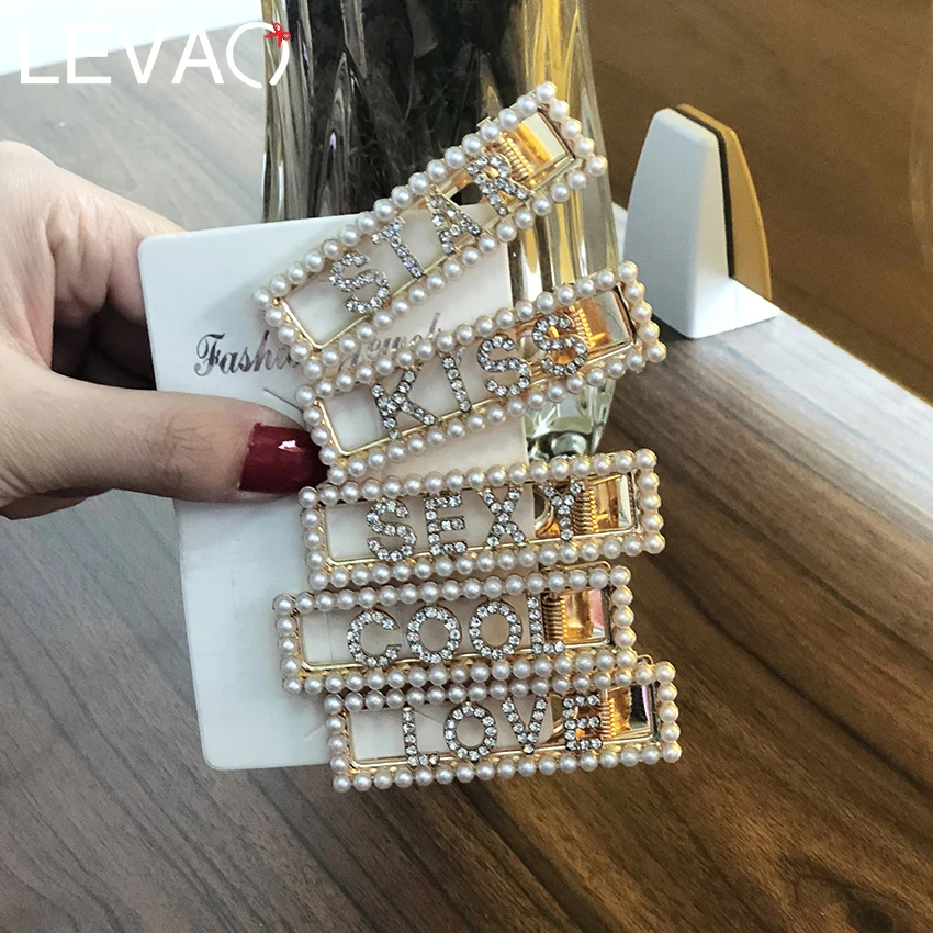 

Levao New Fashion Hairpins Korean Style Hollow Letters Hair Clip Pearl Square Hairpin Ladies Wedding Photograph Hair Accessories