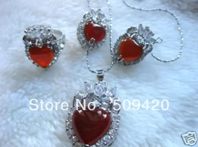

Free Shipping Wholesale>>>The stylish red jade necklace pendants earrings rings + free chain set #@
