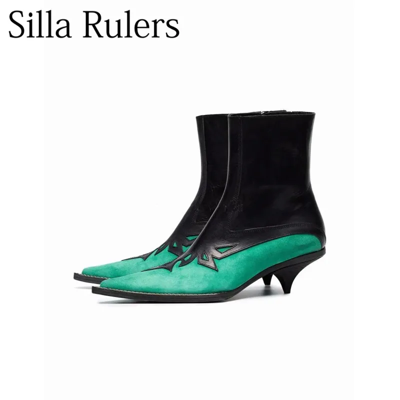 

Silla Rulers 2018 new autumn genuine leather metal splicing coarse heel ankle boots women pointed toes chelsea women Short boots