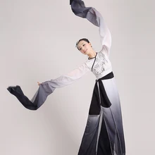 Китайские чернильные костюмы с водяными рукавами одежда для классических танцев с длинными рукавами веер поэтическая Фея бамбуковый веер танцевальная сцена представление