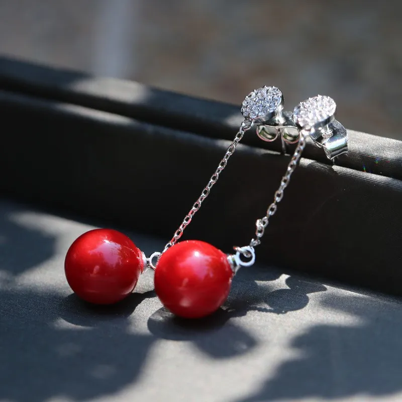 

New Arrival Chic Red Pearls Statement Earrings Woman Girls Drop Earrings Inlay CZ Stones with 925 Silver Pins High Quality