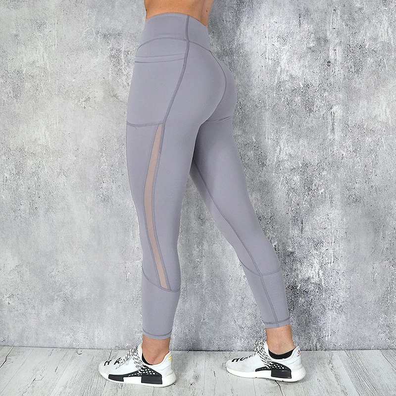  New Yoga Leggings Mesh Stitching Fitness Push Up Leggings Women Elastic Sport Leggins Workout Side Pocket Sexy Pencil Pant