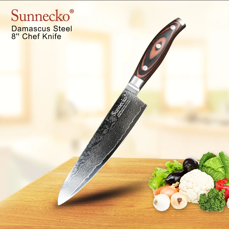 

SUNNECKO Premium 8 inch Chef Knife Multiplayer Damascus Steel Japanese VG10 Blade Kitchen Knives Pakka Wood Handle Cooking Tool