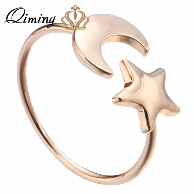 QIMING Crescent Moon Tiny Star Ring Little Korean Jewelry Lovely Luna half moon QIMING Crescent Moon Tiny Star Ring Little Korean Jewelry Lovely Luna half moon